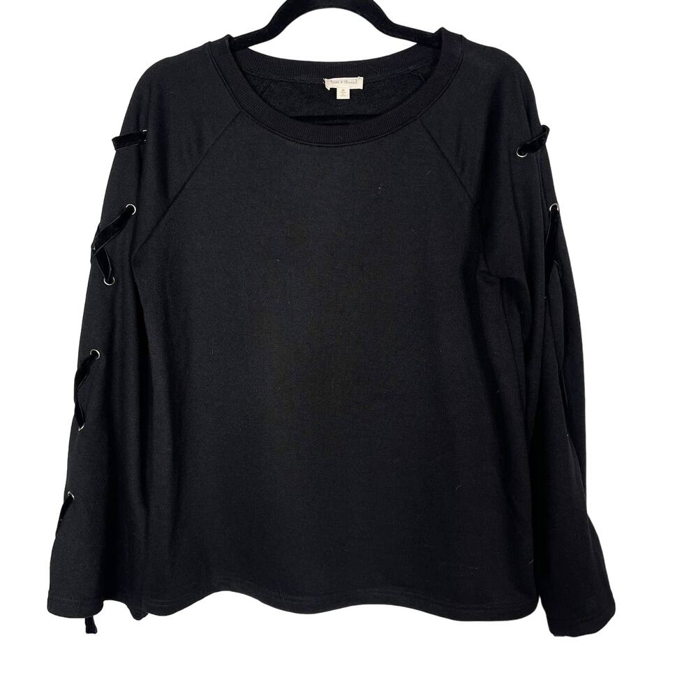 Hem & Thread Medium M Black Lace Up Sleeve Pullover Sweatshirt Crew Neck
